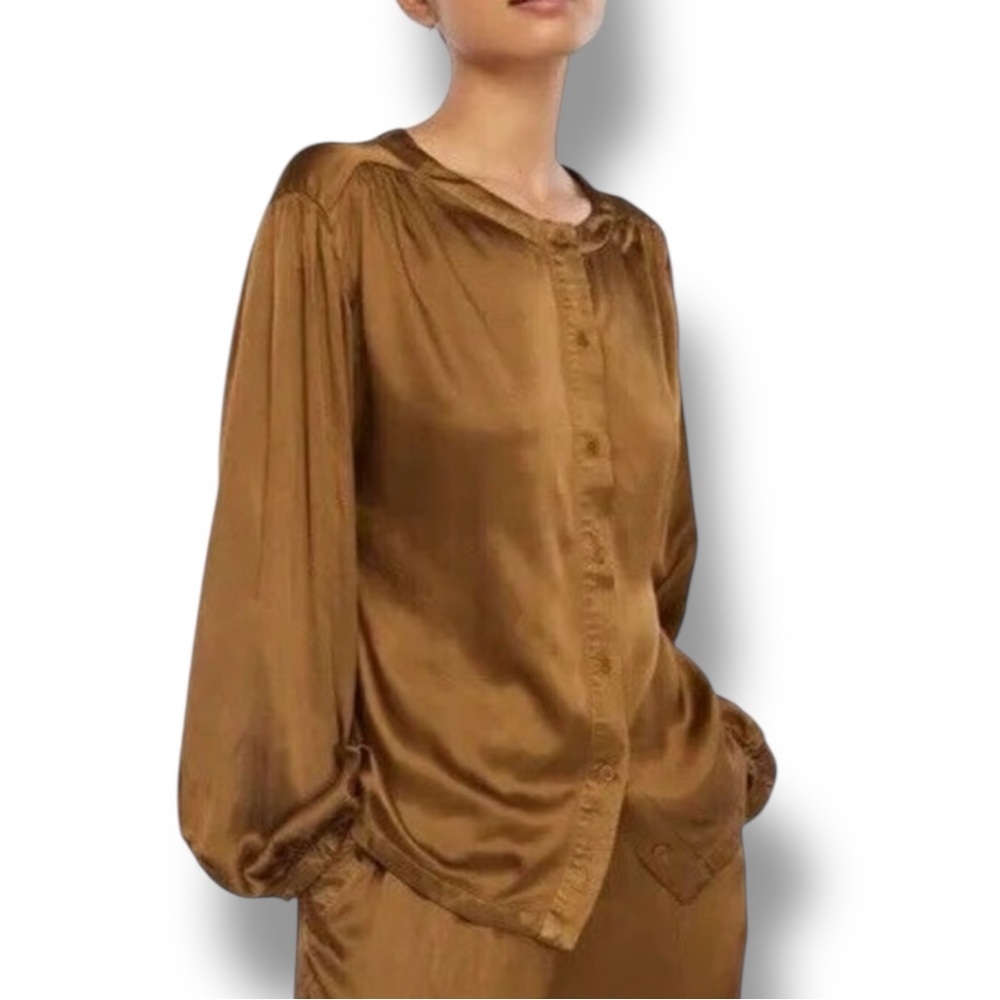 Lacausa Devi Rayon Viscose Button Front Olive Gold Blouse Sativa Green Size L